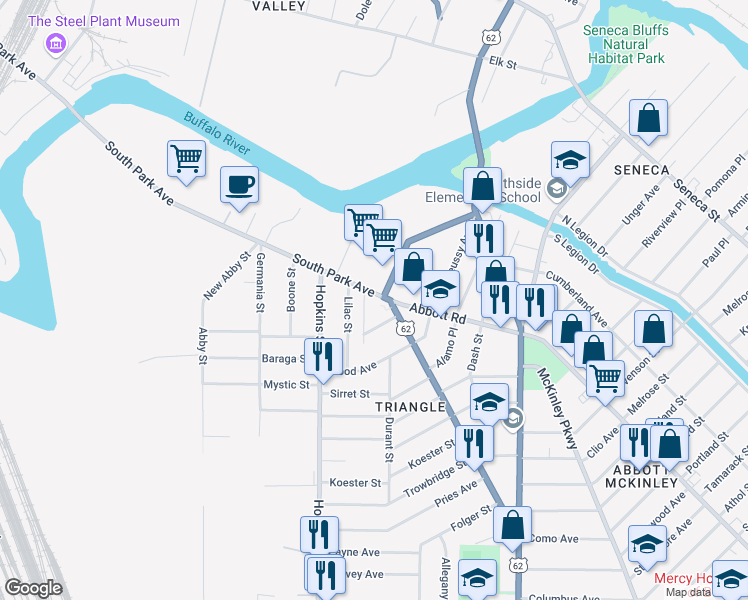 map of restaurants, bars, coffee shops, grocery stores, and more near 1483 South Park Avenue in Buffalo