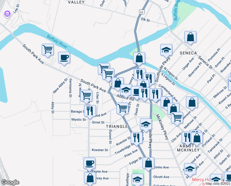 map of restaurants, bars, coffee shops, grocery stores, and more near 18 Abbott Road in Buffalo