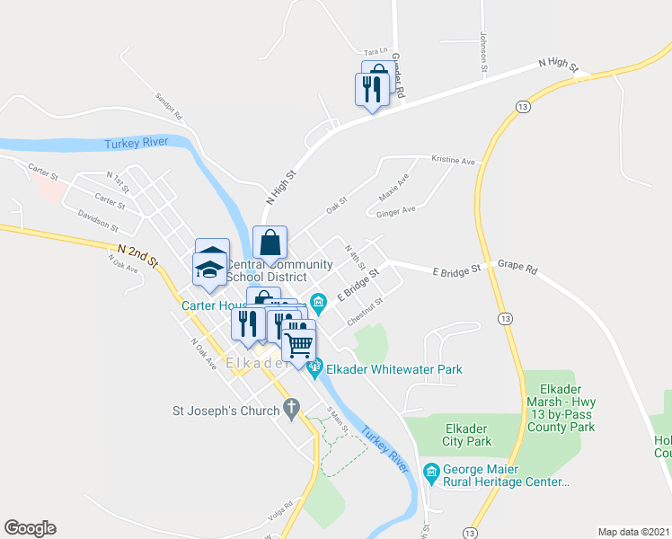 map of restaurants, bars, coffee shops, grocery stores, and more near 198 North 3rd Street in Elkader