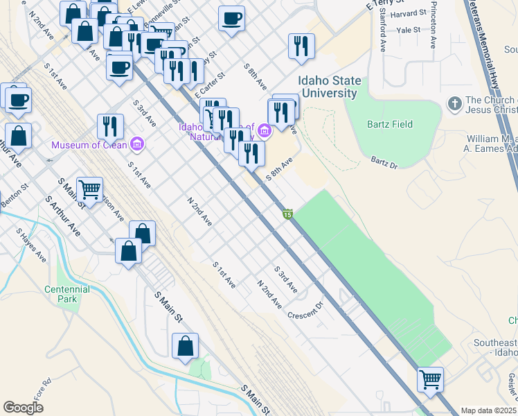 map of restaurants, bars, coffee shops, grocery stores, and more near 1317 South 4th Avenue in Pocatello