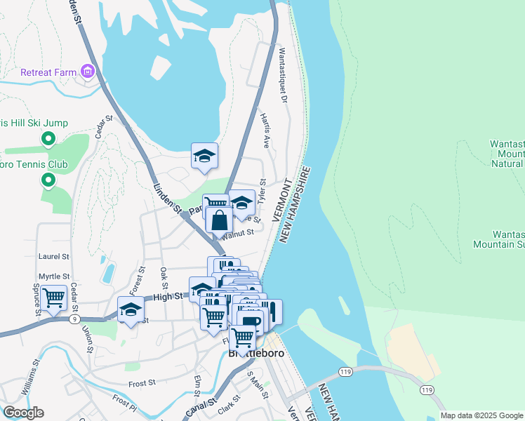 map of restaurants, bars, coffee shops, grocery stores, and more near 70 Terrace Street in Brattleboro