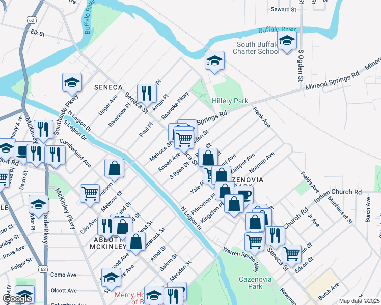 map of restaurants, bars, coffee shops, grocery stores, and more near 2019 Seneca Street in Buffalo