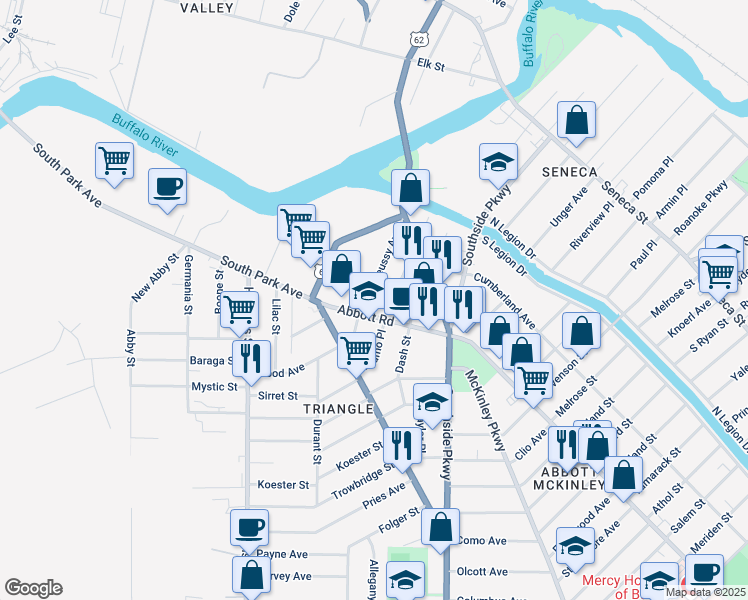 map of restaurants, bars, coffee shops, grocery stores, and more near in Buffalo