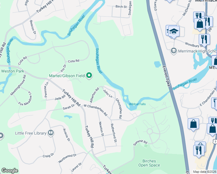 map of restaurants, bars, coffee shops, grocery stores, and more near 6 John Lane in Merrimack