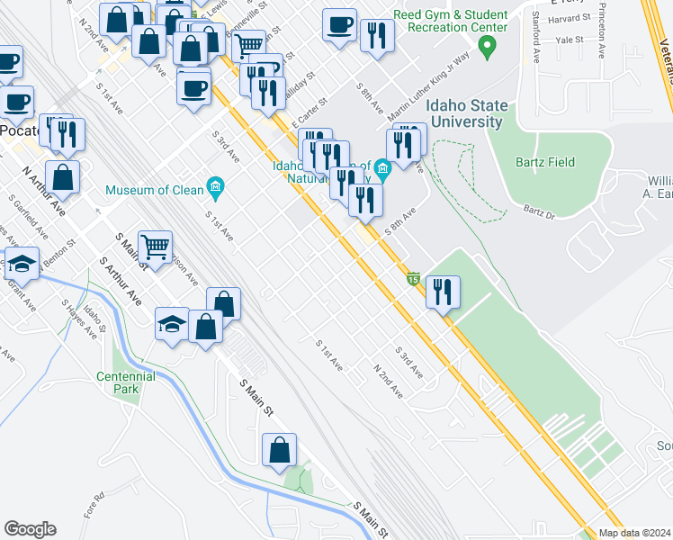 map of restaurants, bars, coffee shops, grocery stores, and more near 1154 South 3rd Avenue in Pocatello