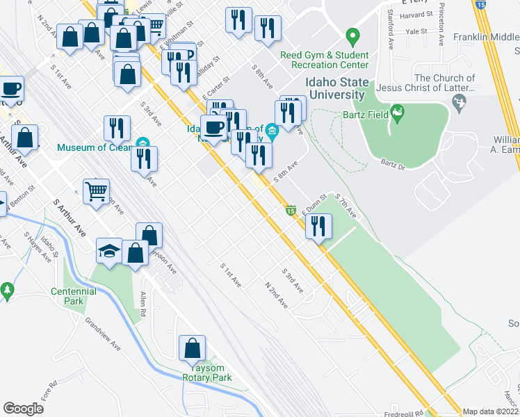map of restaurants, bars, coffee shops, grocery stores, and more near 1224 South 4th Avenue in Pocatello