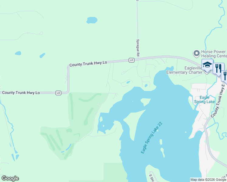 map of restaurants, bars, coffee shops, grocery stores, and more near W351S10290 Tuohy Road in Eagle