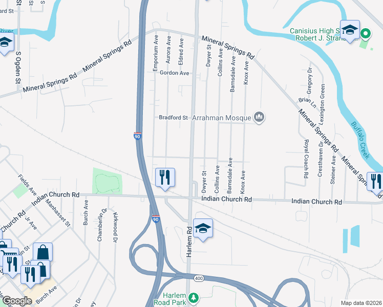 map of restaurants, bars, coffee shops, grocery stores, and more near 530 Harlem Road in West Seneca