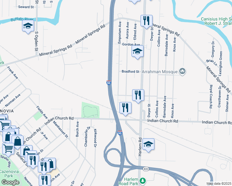 map of restaurants, bars, coffee shops, grocery stores, and more near 123 Emporium Avenue in West Seneca