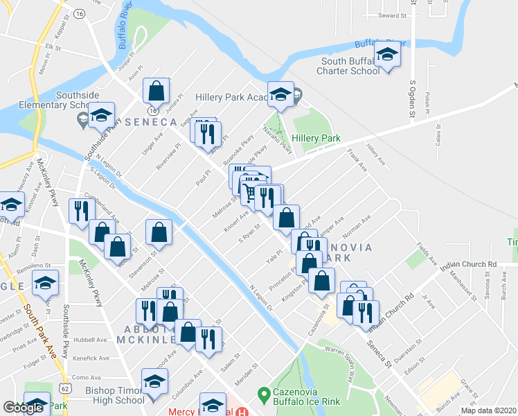 map of restaurants, bars, coffee shops, grocery stores, and more near 24 Hayden Street in Buffalo