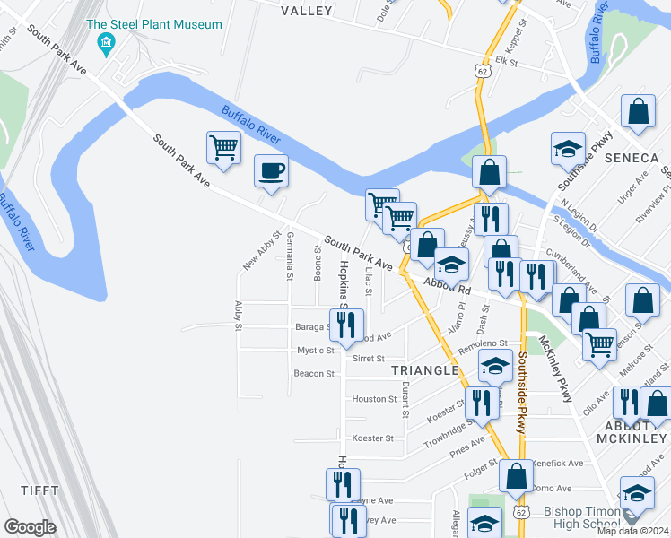 map of restaurants, bars, coffee shops, grocery stores, and more near 1409 South Park Avenue in Buffalo