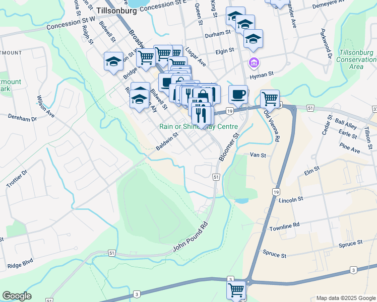 map of restaurants, bars, coffee shops, grocery stores, and more near 22 Bidwell Street in Tillsonburg