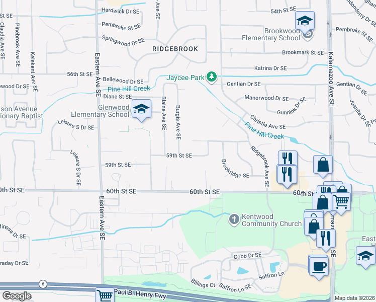 map of restaurants, bars, coffee shops, grocery stores, and more near 1135 Fallingbrook Drive Southeast in Kentwood