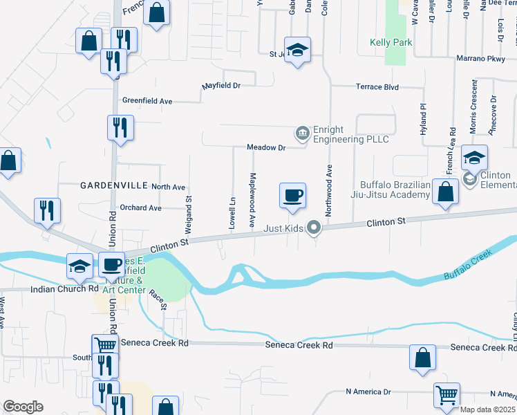 map of restaurants, bars, coffee shops, grocery stores, and more near 43 Maplewood Avenue in Buffalo