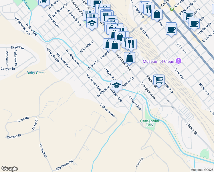 map of restaurants, bars, coffee shops, grocery stores, and more near 353 South Grant Avenue in Pocatello