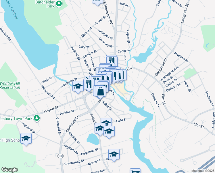 map of restaurants, bars, coffee shops, grocery stores, and more near in Amesbury