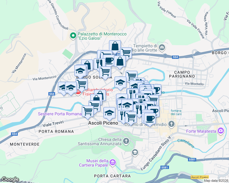 map of restaurants, bars, coffee shops, grocery stores, and more near 57 Via San Serafino da Montegranaro in Ascoli Piceno
