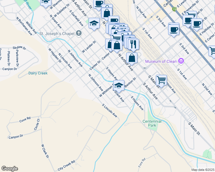 map of restaurants, bars, coffee shops, grocery stores, and more near 327 South Hayes Avenue in Pocatello