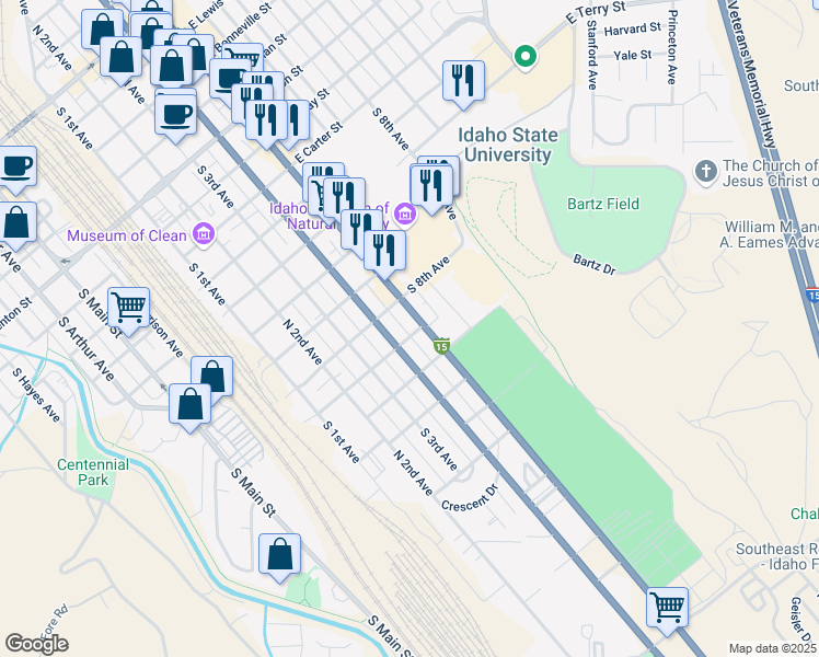 map of restaurants, bars, coffee shops, grocery stores, and more near 1211 South 5th Avenue in Pocatello