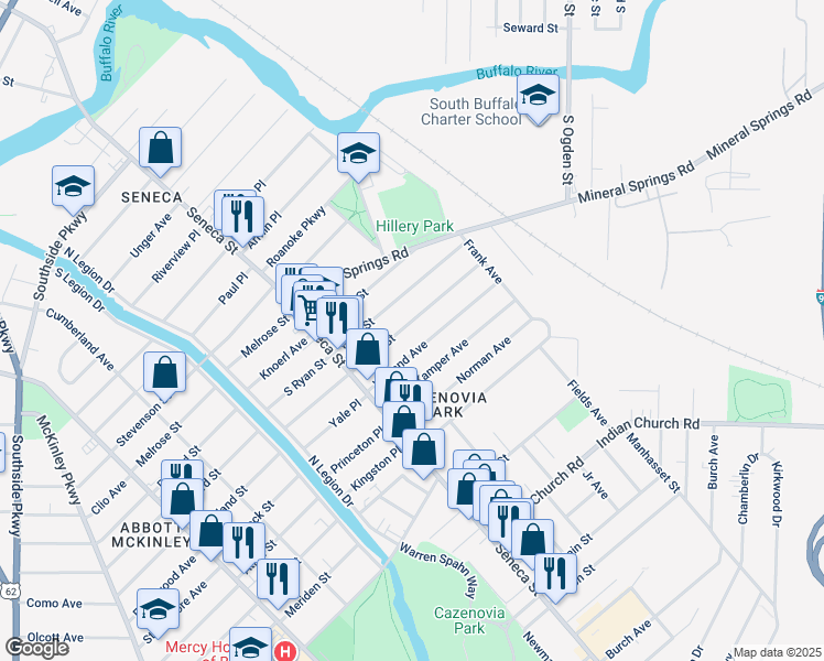 map of restaurants, bars, coffee shops, grocery stores, and more near 148 Geary Street in Buffalo