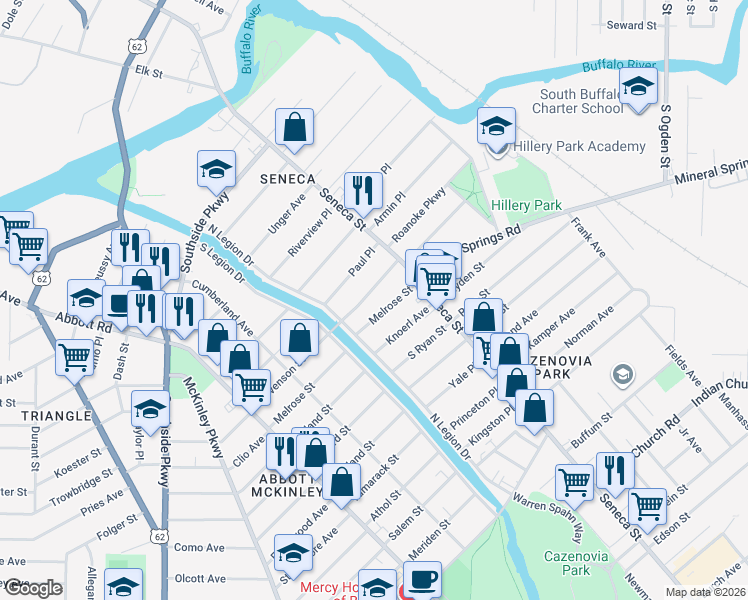 map of restaurants, bars, coffee shops, grocery stores, and more near 209 Stevenson Street in Buffalo