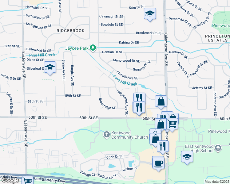 map of restaurants, bars, coffee shops, grocery stores, and more near 5812 Ridgebrook Avenue Southeast in Kentwood