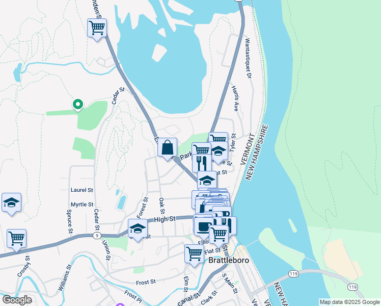 map of restaurants, bars, coffee shops, grocery stores, and more near Park Place in Brattleboro