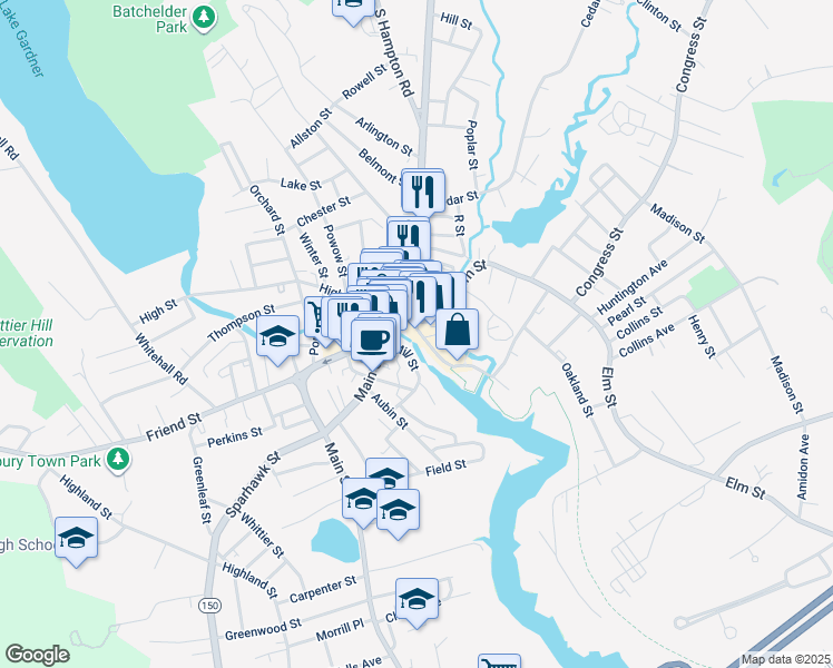 map of restaurants, bars, coffee shops, grocery stores, and more near 9 Water Street in Amesbury
