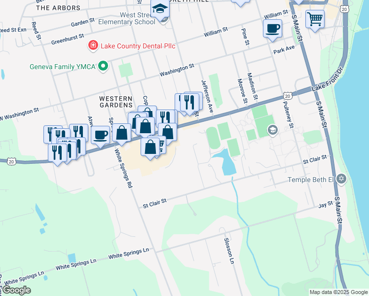 map of restaurants, bars, coffee shops, grocery stores, and more near 295 Hamilton Street in Geneva