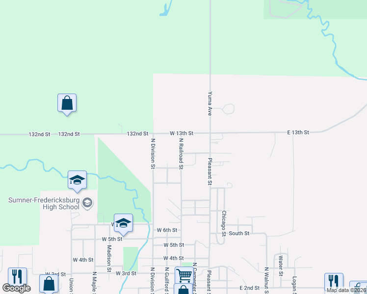 map of restaurants, bars, coffee shops, grocery stores, and more near 101 East 13th Street in Sumner