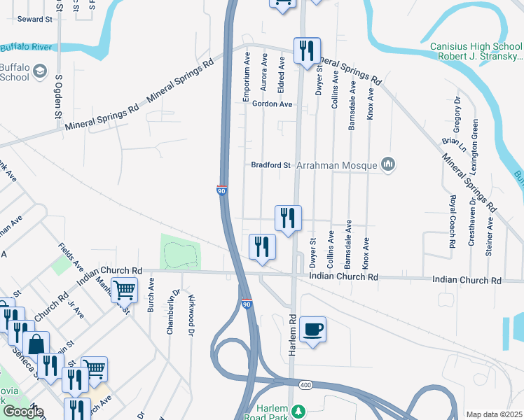 map of restaurants, bars, coffee shops, grocery stores, and more near 129 Aurora Avenue in Buffalo