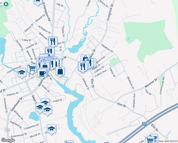 map of restaurants, bars, coffee shops, grocery stores, and more near 1 Huntington Avenue in Amesbury