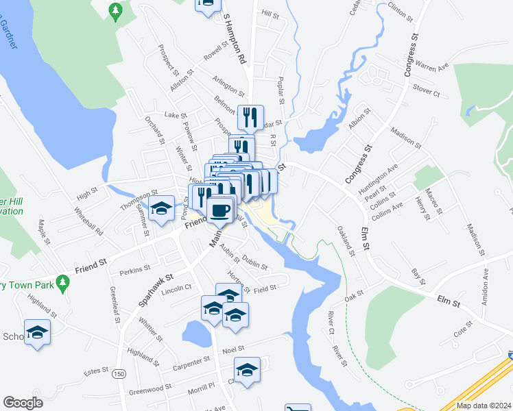 map of restaurants, bars, coffee shops, grocery stores, and more near 29 Elm Street in Amesbury