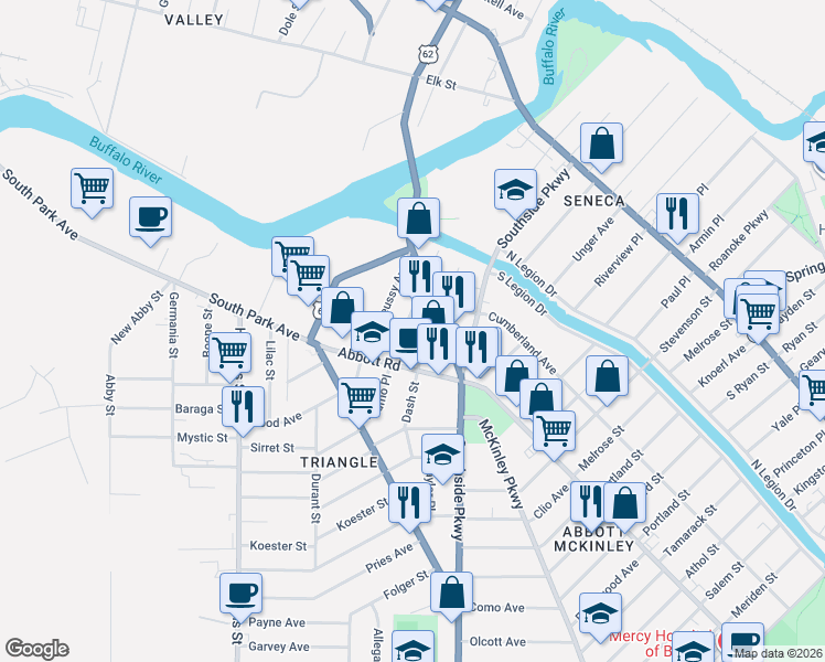 map of restaurants, bars, coffee shops, grocery stores, and more near 1028 McKinley Parkway in Buffalo