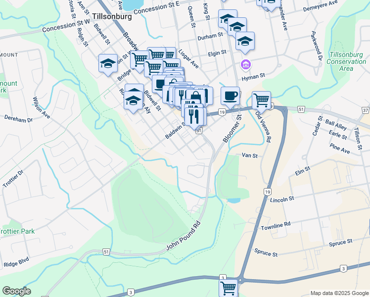 map of restaurants, bars, coffee shops, grocery stores, and more near 22 Bidwell Street in Tillsonburg