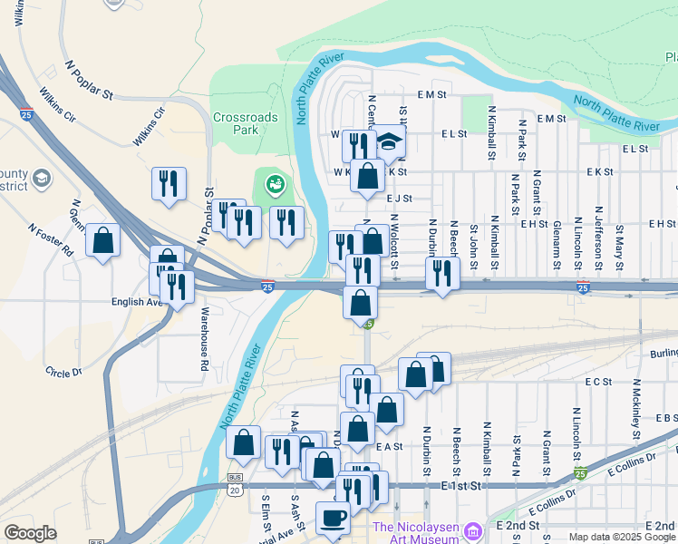 map of restaurants, bars, coffee shops, grocery stores, and more near 101-199 W G St in Casper