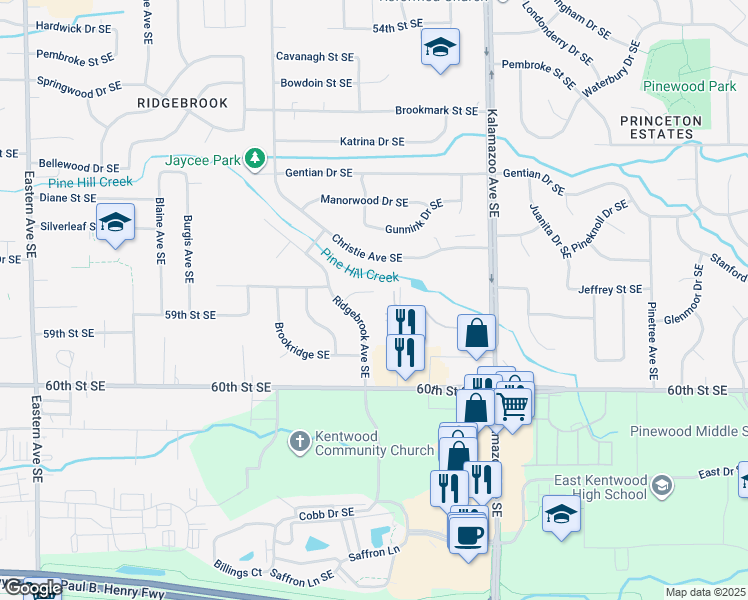 map of restaurants, bars, coffee shops, grocery stores, and more near 1394 Carriage Hill Drive Southeast in Kentwood