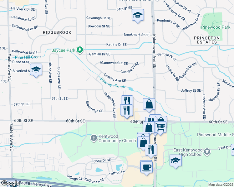 map of restaurants, bars, coffee shops, grocery stores, and more near 1381 Carriage Hill Drive Southeast in Grand Rapids