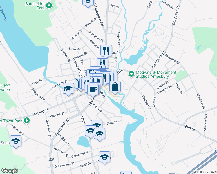 map of restaurants, bars, coffee shops, grocery stores, and more near 32 Elm Street in Amesbury