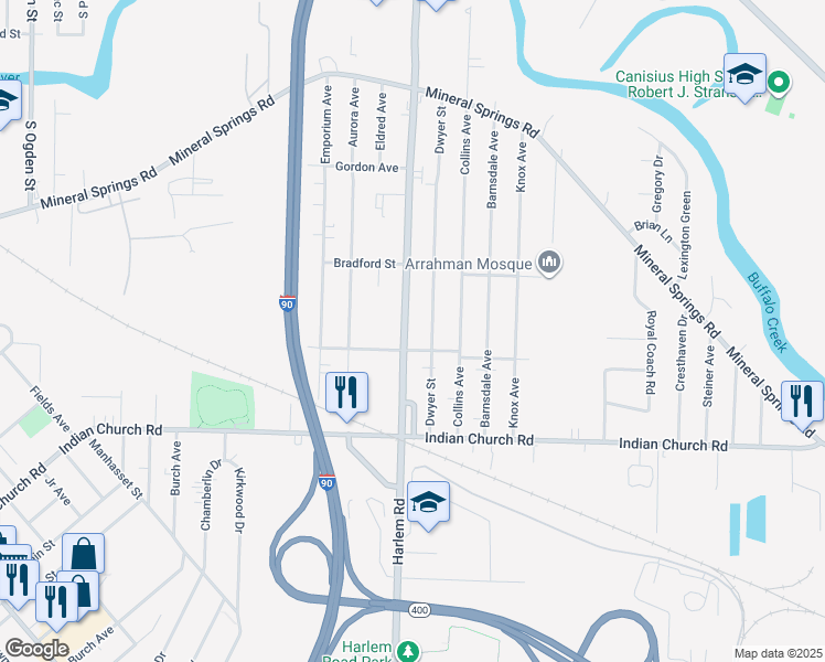 map of restaurants, bars, coffee shops, grocery stores, and more near 559 Harlem Road in Buffalo