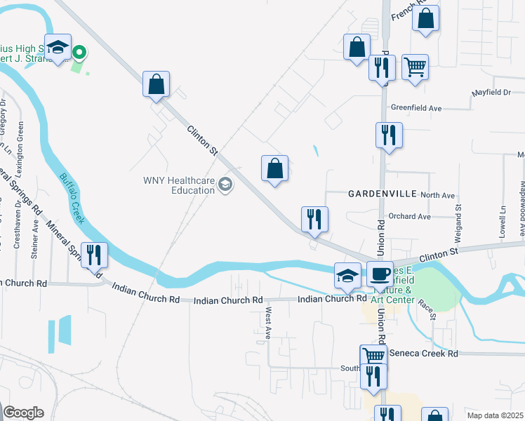 map of restaurants, bars, coffee shops, grocery stores, and more near 3279 Clinton Street in Buffalo