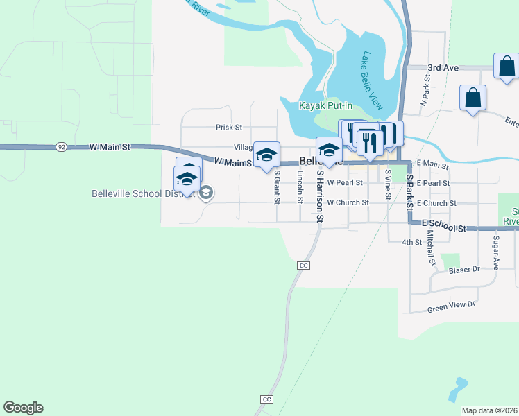map of restaurants, bars, coffee shops, grocery stores, and more near 553 West Church Street in Belleville
