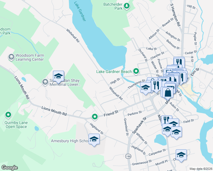 map of restaurants, bars, coffee shops, grocery stores, and more near 58 Whitehall Road in Amesbury