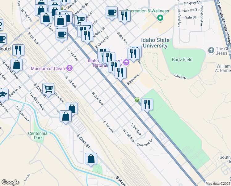 map of restaurants, bars, coffee shops, grocery stores, and more near 1121 South 4th Avenue in Pocatello