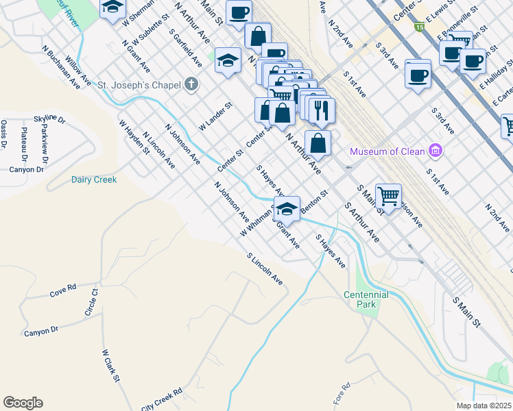 map of restaurants, bars, coffee shops, grocery stores, and more near 245 South Grant Avenue in Pocatello