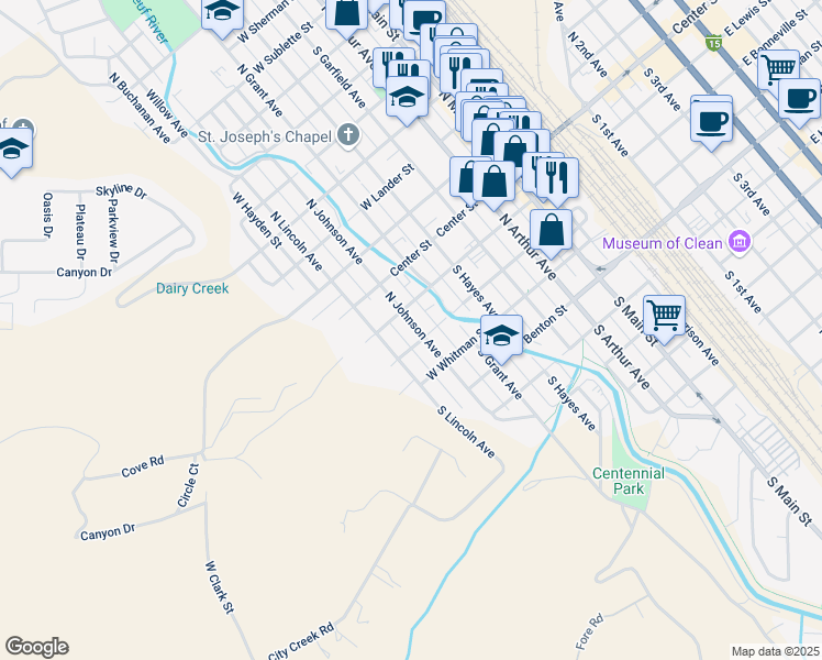 map of restaurants, bars, coffee shops, grocery stores, and more near 207 South Johnson Avenue in Pocatello