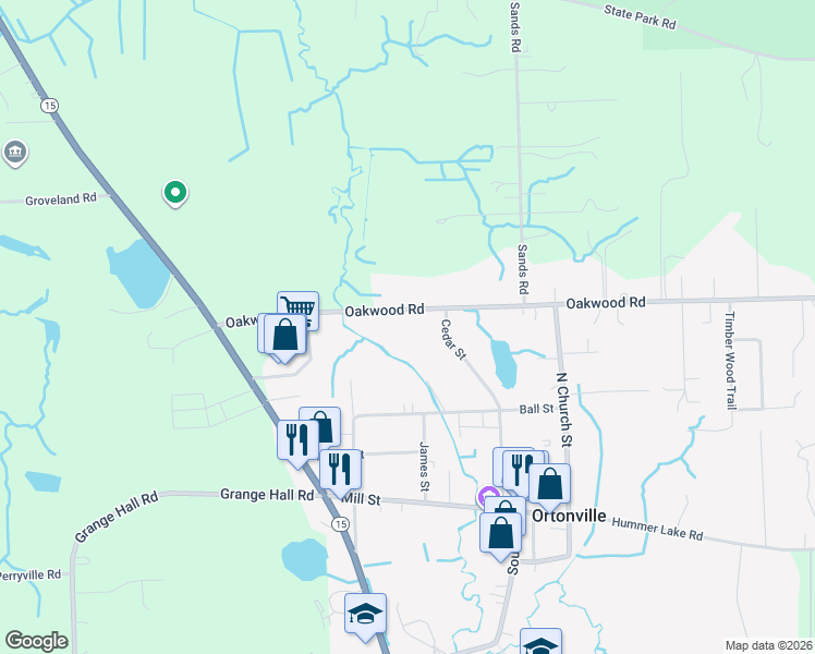 map of restaurants, bars, coffee shops, grocery stores, and more near 300 Oakwood Road in Brandon Township
