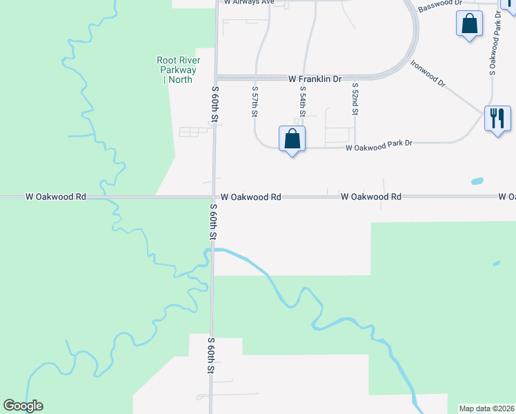 map of restaurants, bars, coffee shops, grocery stores, and more near 5733 West Oakwood Road in Franklin