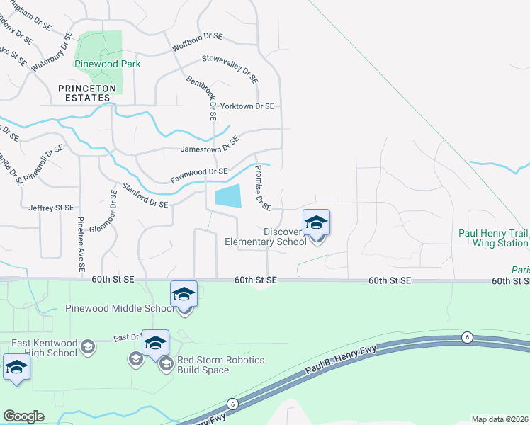 map of restaurants, bars, coffee shops, grocery stores, and more near 5850 Promise Drive Southeast in Kentwood