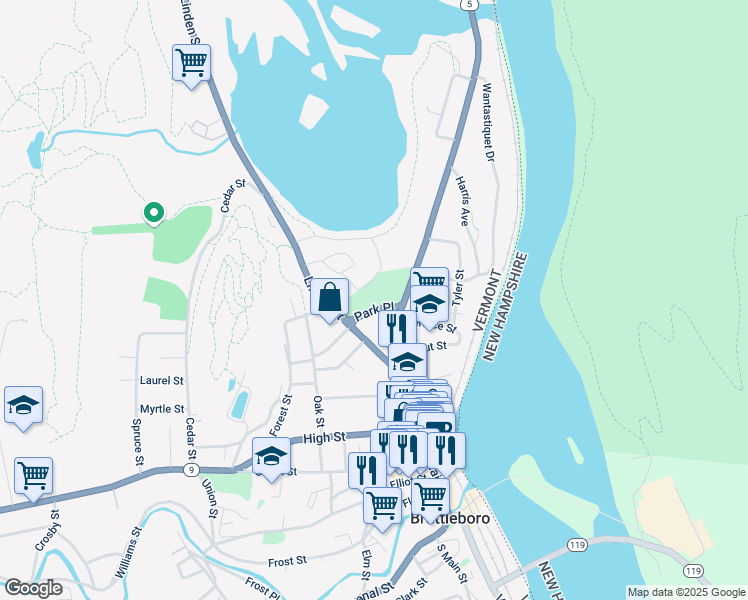 map of restaurants, bars, coffee shops, grocery stores, and more near Park Place in Brattleboro